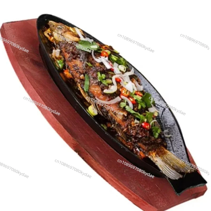 

Fish Shaped Cast Iron Frying Pan Non Stick Cooking Skillet With Wooden Base Kitchen Cookware
