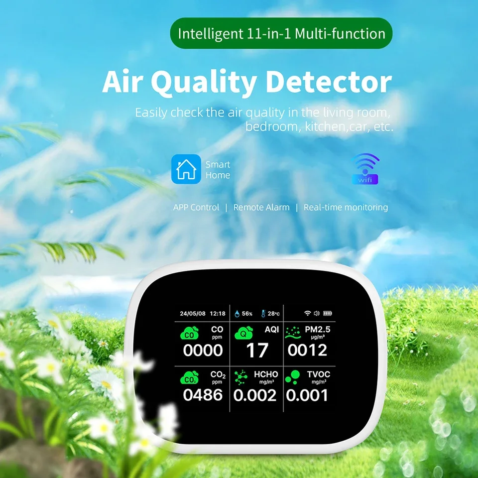 WiFi 11-in-1 Air Quality Monitor Indoor AQI/CO/CO/TVOC/HCHO/PM25/PM10/PM10/Temperature/Humidity Tester