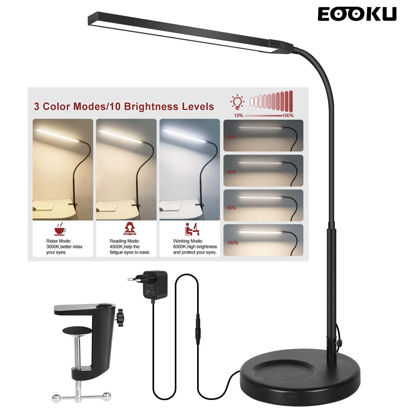 

EOOKU Touch Control Desk Lamp with Heavy Duty Base&Table Clamp 360° Adjustable Gooseneck 12V 12W Lamps for Home Office Study