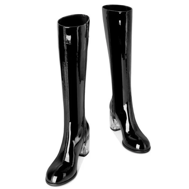 

Patent Leather Knee High Boots Waterproof Platform Thick Heel Bar Stage Boots 35-42 Zip Square Head Long Boots Side Plus Size 42
