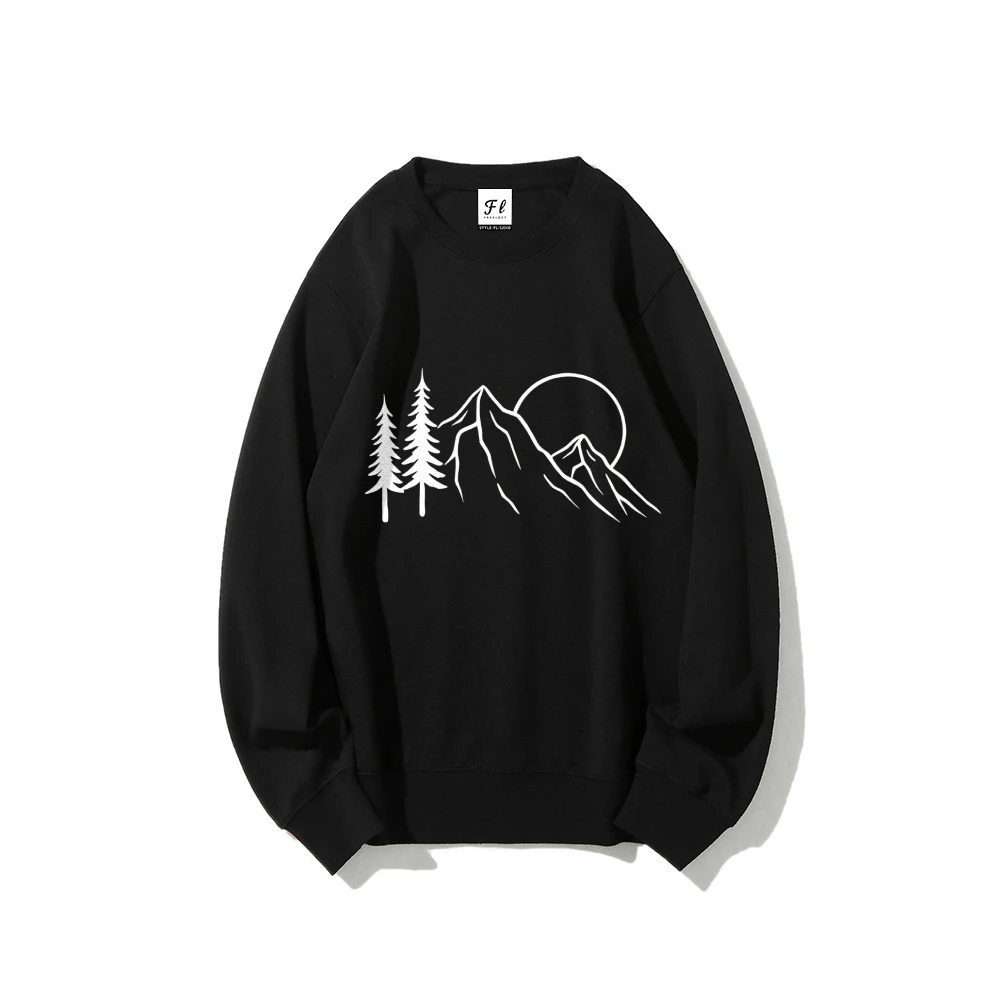 เสื้อสเวตเตอร์กราฟิกพระอาทิตย์ต้นไม้ภูเขาการออกแบบที่ได้รับแรงบันดาลใจจากธรรมชาติสไตล์ผจญภัยกลางแจ้งลำลองหลวมแขนยาวเสื้อที่สะดวกสบาย