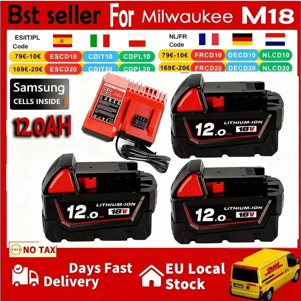 Akumulator 18V 12,0Ah, zamiennik akumulatora litowo-jonowego Milwaukee M18, do narzędzi Milwaukee 18V M18 48-11-2830 0730-20.