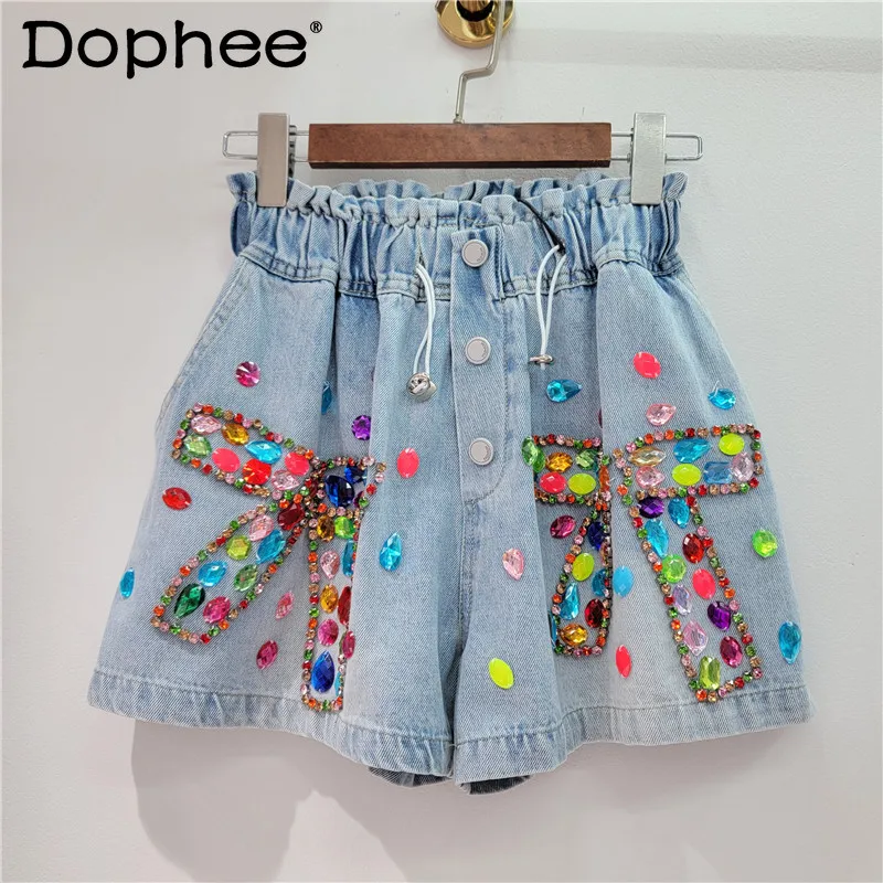 

Heavy Industry Bow Beaded Elastic Waist Denim Shorts Women 2024 Summer New Inlaid Color Diamond High Waist Wide Leg Shorts