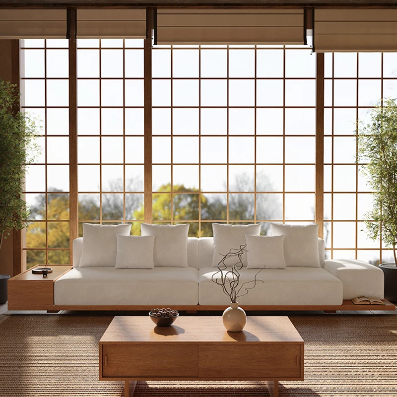 

#Wabi-Sabi Style Minimalist Sectional Sofa Japanese Oak Solid Wood With Straight Row For Large Villa Living Room Or Hotel Use