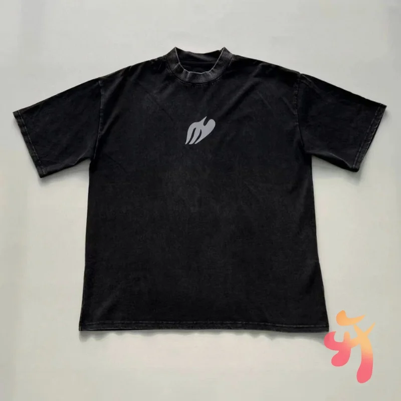 

American Street Summer KANYE WEST Tshirts Black Washed Men Tops Peace Reflective Logo Round Neck Short Sleeve Oversized T-shirt