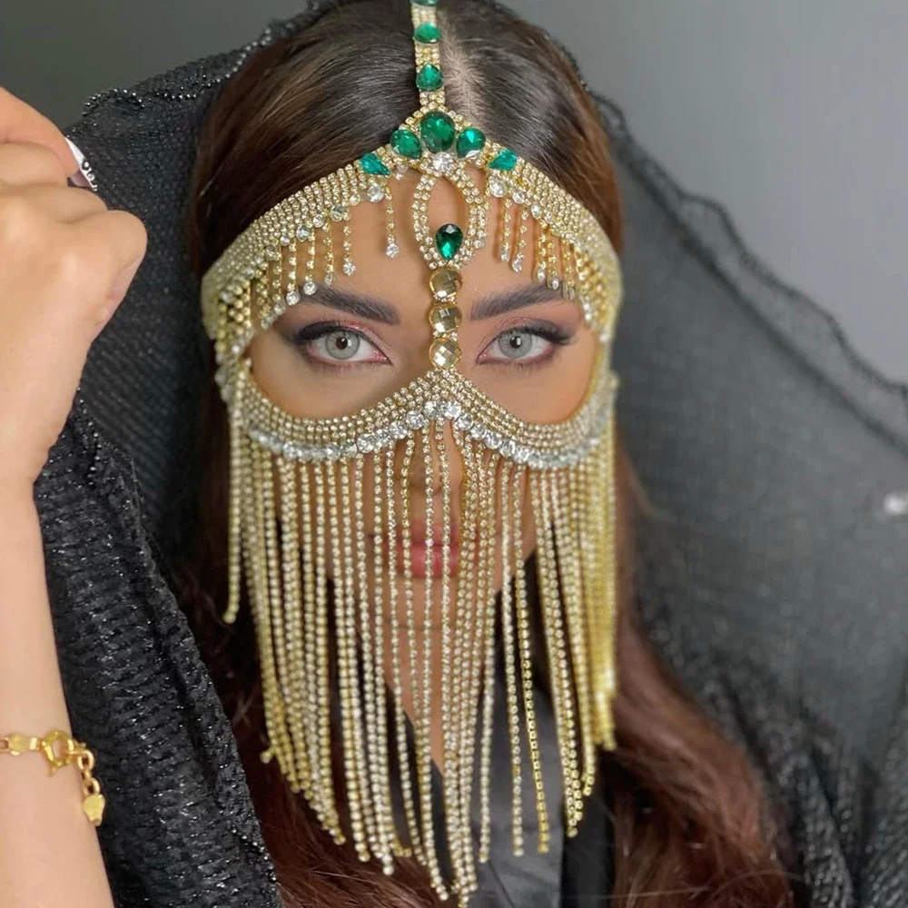 Belly Dance Long Tassel Mask Veil Masquerade Cosplay Accessories Elegant Headband Green Rhinestone Face Chain Mask Prom Jewelry