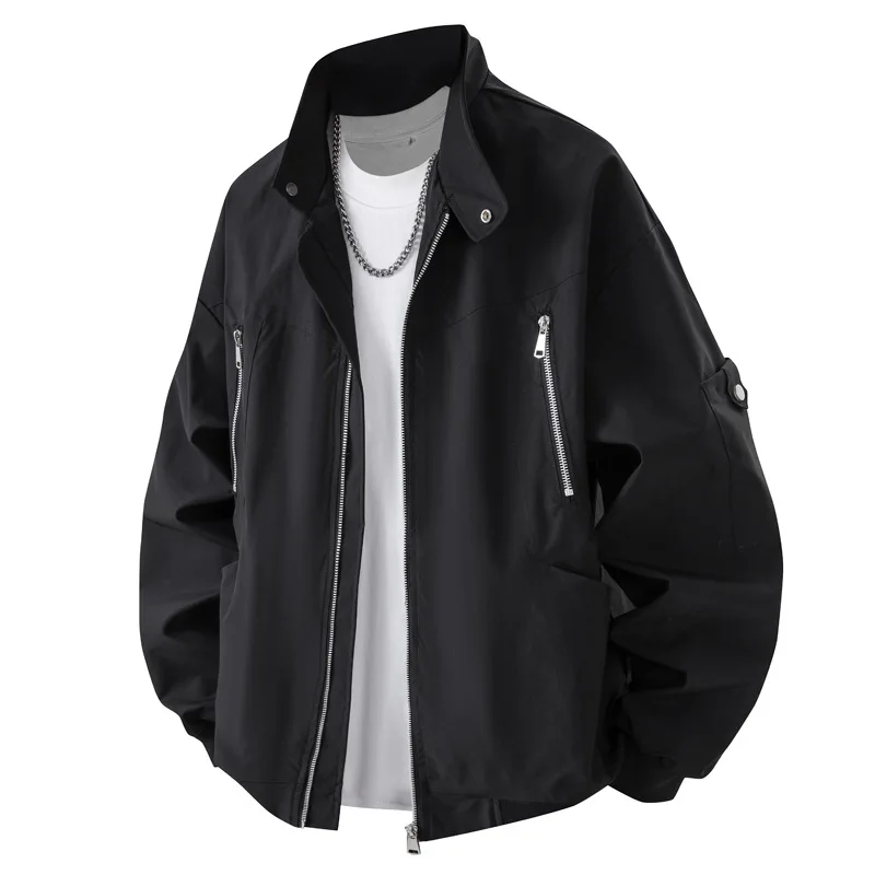 

Man Autumn Jacket Streetwear Stand Collar Long Sleeve Pocket Zipper Men Cargo Coat Thin Loose Versatile Outerwear For Male