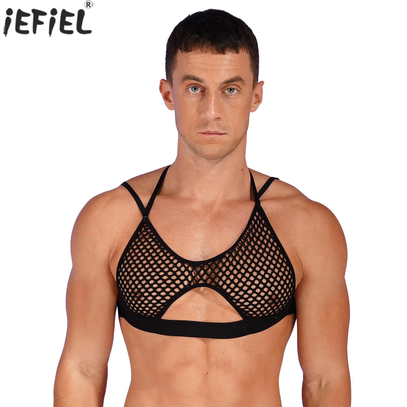 

Mens Underwear Hollow Out See-through Fishnet Camisole Tanks Top Halter Neck Elastic Straps Crisscross Back Cutout Vest Crop Top