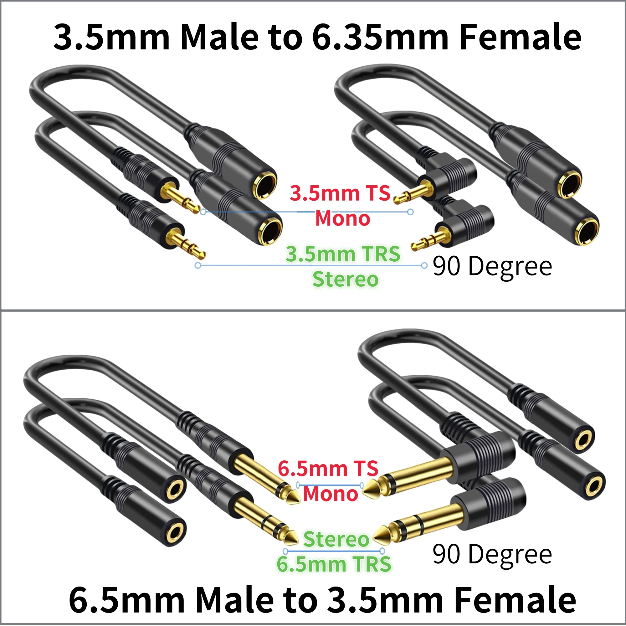 1/8 3.5mm to 1/4 6.35mm Audio Adapter Extension Cord 3.5/6.5mm Jack TS Mono, TRS Stereo AUX Cable for Guitar Headphone Speaker