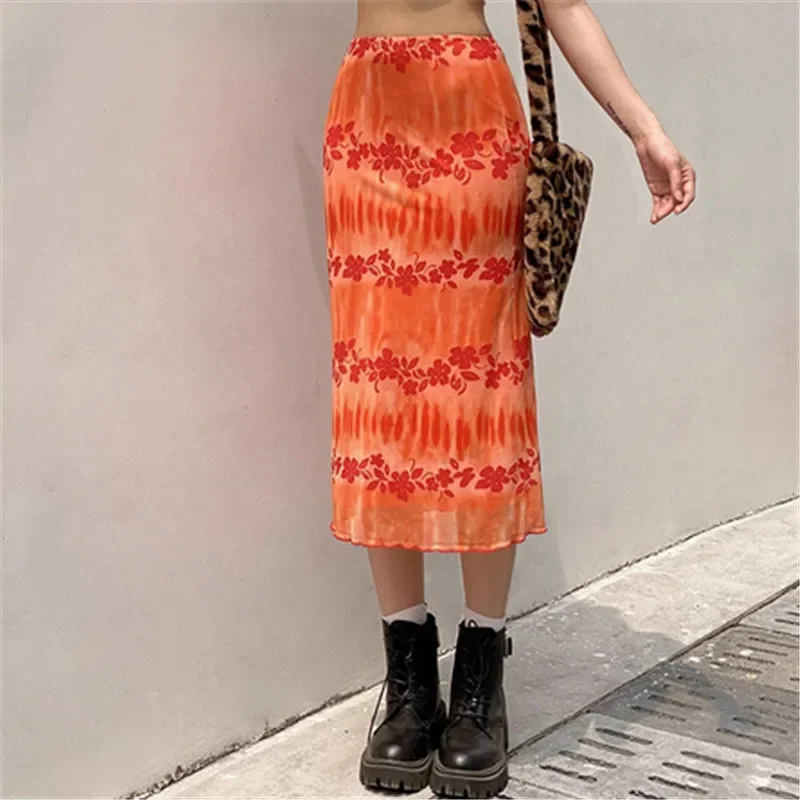 

Women Summer Bohemian Midi Skirt Vintage Floral Print High Waist Bodycon Slim Fit Long Pencil Skirt Y2K Aesthetic 90s Streetwear