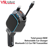 VR Robot FM Transmitter Bluetooth 5.3 Car MP3 Player 96W PD Type-c+QC3.0 Fast Car Charger with 2 Retractable Cables For Phone