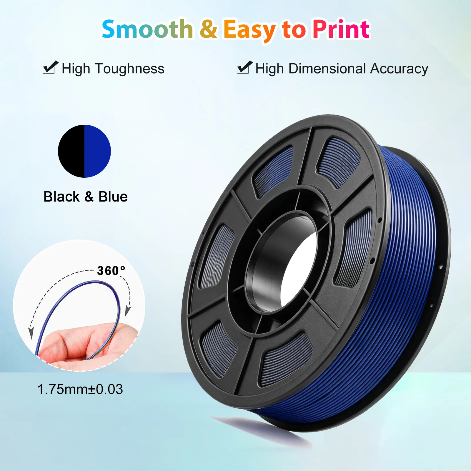 Silk PLA Dual Color Filament 1.75mm 3D Printer Filament, Coextrusion Black Blue Metal-Like Shiny PLA Filament, 250g (0.55lbs)