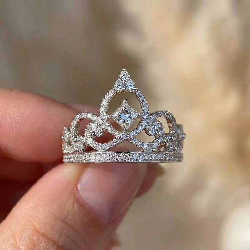 925 Sterling Silver Crown Design Women Luxury Ring for Wedding Engagement Dazzling Zirconia Princess Statement Fine Jewelry