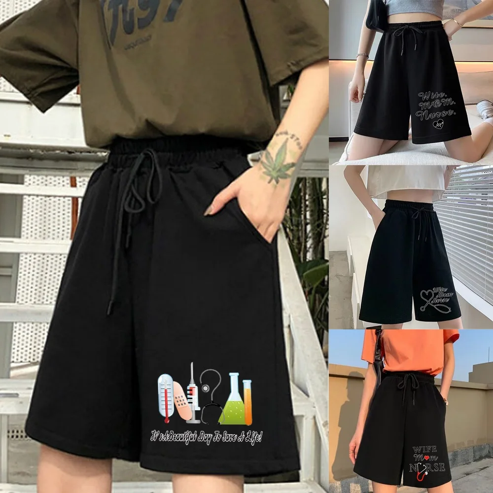 

Female Shorts Fashion Student Harajuku Nine-point Pants Cute Girl Trousers Nurse Series Printed Stretch Simple Shorts