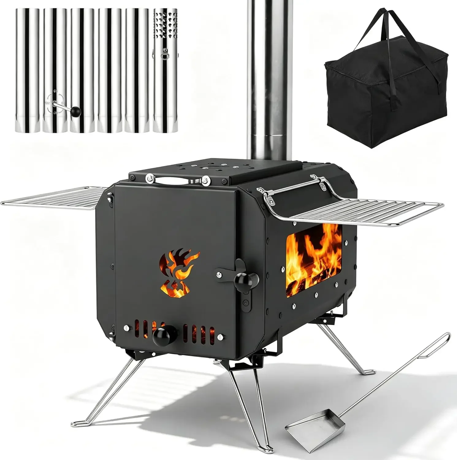 

Garvee Compact Folding Tent Heater High-Temp Glass Cast Iron, 6 Chimney Pipes Portable Charcoal Heating Stove for Hot Tents Ice Fishing Hiking Outdoor Cooking Heating