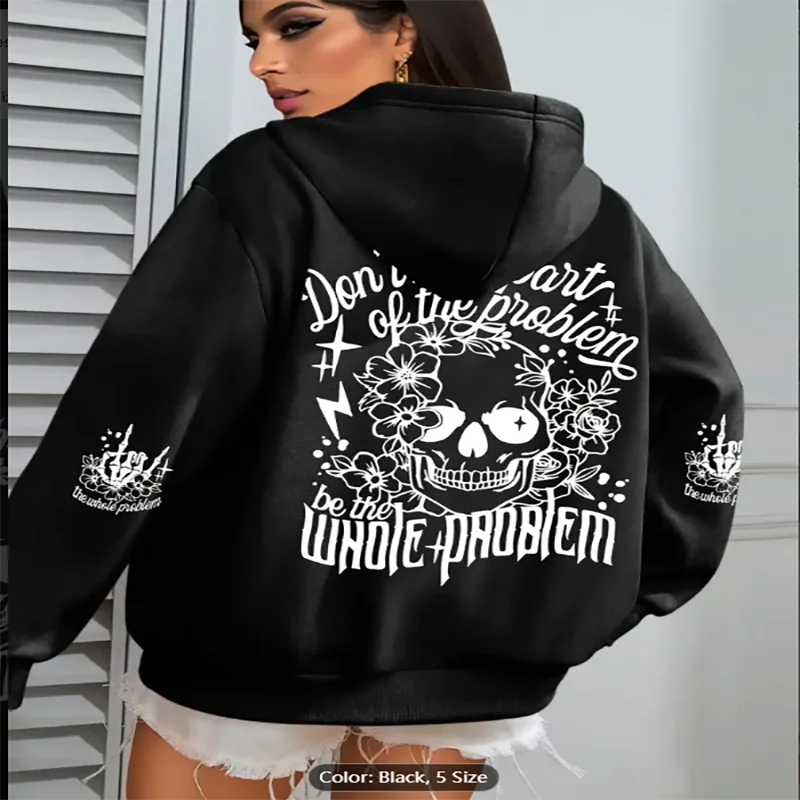 Non essere il problema Felpa con cappuccio con teschio floreale Pullover casual con cappuccio oversize stile autunno/inverno grigio con design teschio rosa