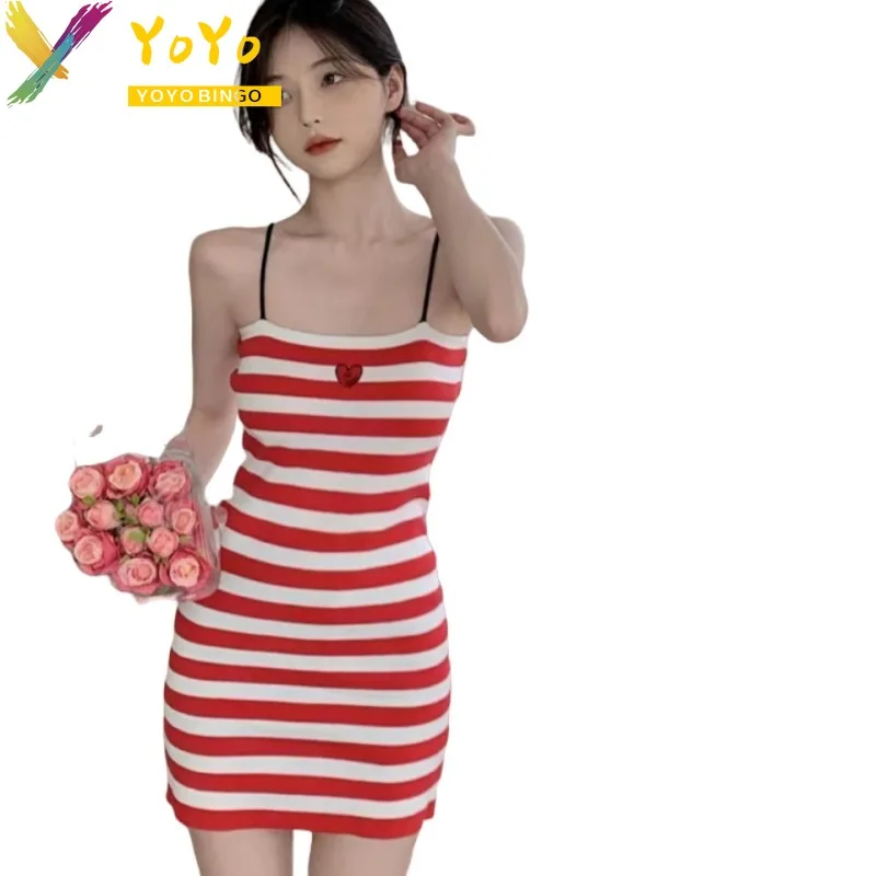 Sexy Stripe Love Knitted Spaghetti Strap Pencil Dress for Women's 2024 New Fashion Elegant Slim Bodycon Nightclub Sweater Dress