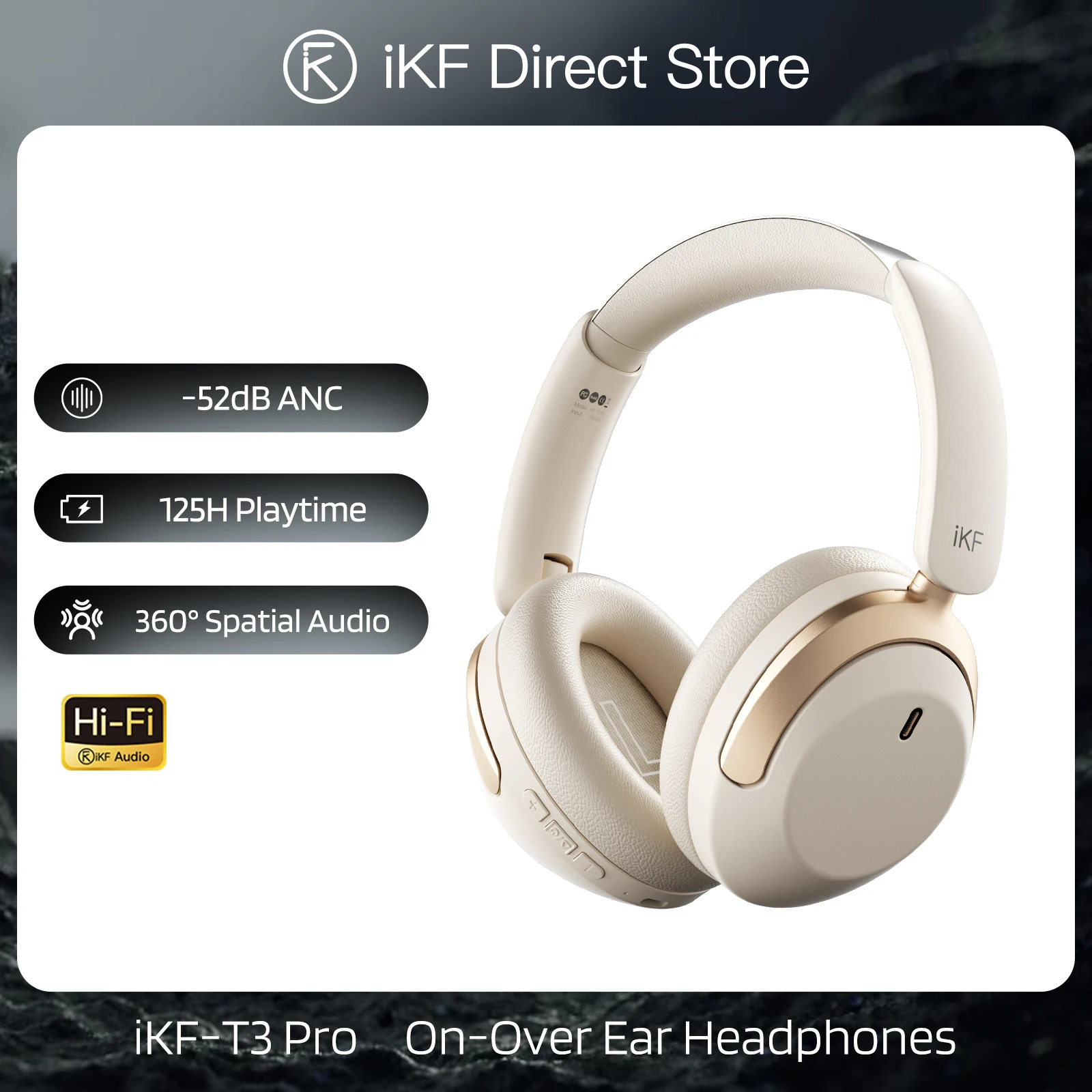 

iKF-T3 Pro Bluetooth Wireless Headphones 52dB ANC Headsets 125H Playtime Hi-Res Spatial Audio Support Wireless/Wired App Control