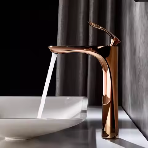 Tuqiu Rose Gold Bathroom Faucets Brief Basin Faucet Sink Mixer Tap Hot &amp; Cold Deck Mounted Lavatory Crane Water Tap
