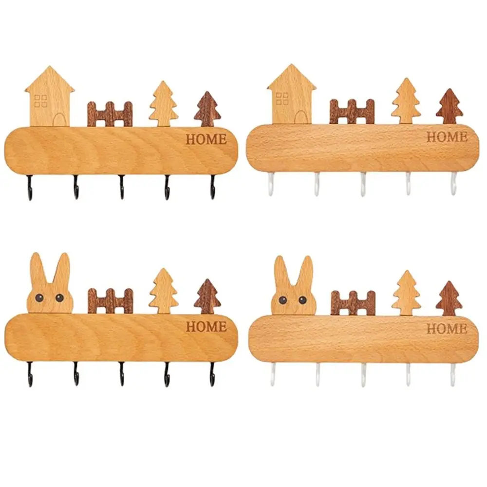 

Solid Wood Key Hook Rack Non-toxic No-Drill Decorative Hook Wall Mount Rabbit Key Storage Holder Housewarming Gift