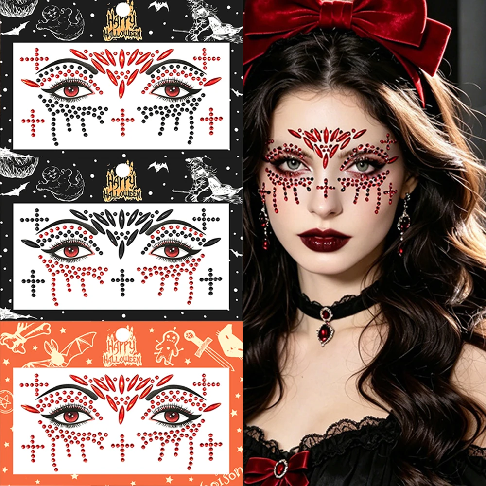 1pc Halloween Cross Devil Teardrop Face Gem Stickers, Self Adhesive Black Red Rhinestone Facial Jewels for Cosplay Party Makeup