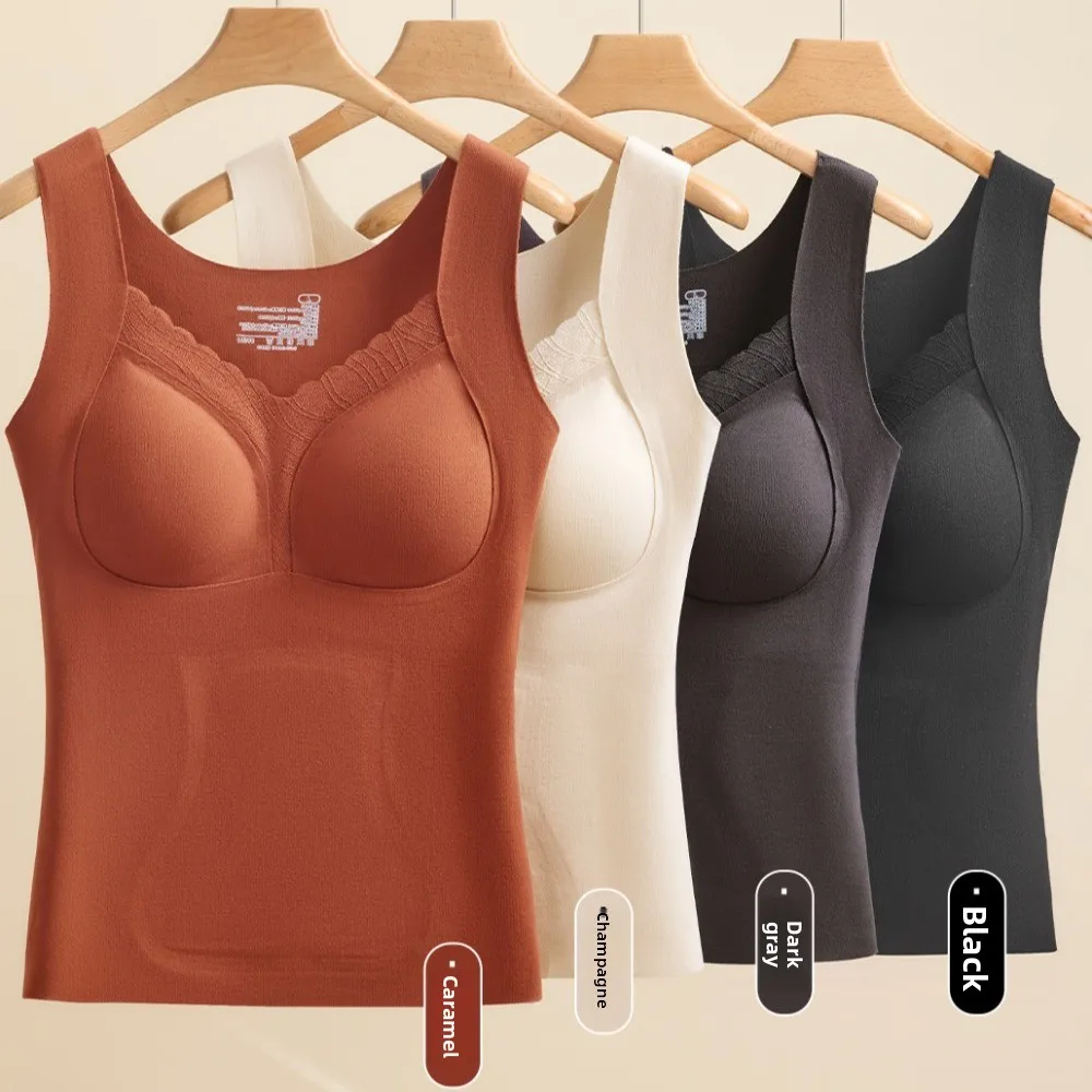 슬림핏 심리스 보온 조끼 풀오버 (패드 내장) 캐미솔 탱크탑 따뜻한 이너웨어 여성용 발열 패딩