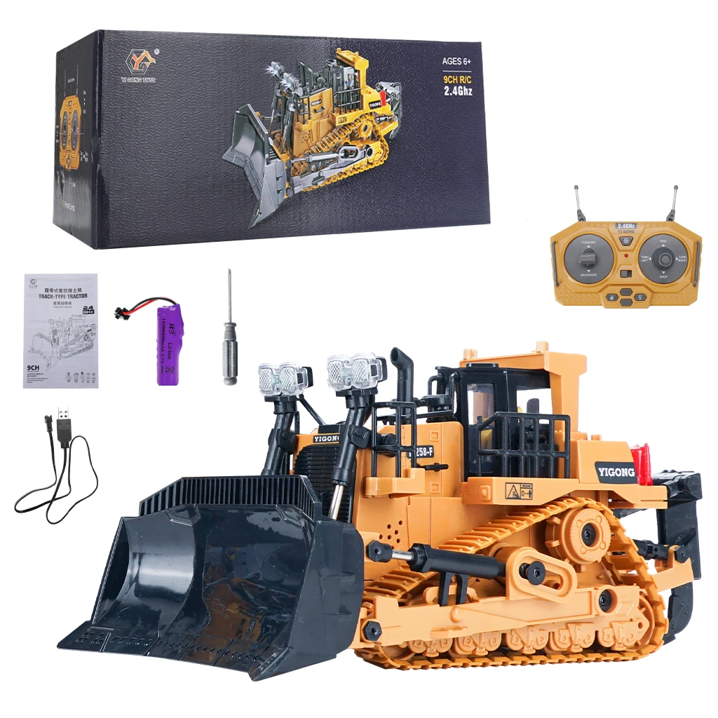 Remote Controlled Alloy Bulldozer 9CH With Light 1/24 2.4G Truck Crawler Rubber Track Radio RC Engineering Car Toy Kid Gift