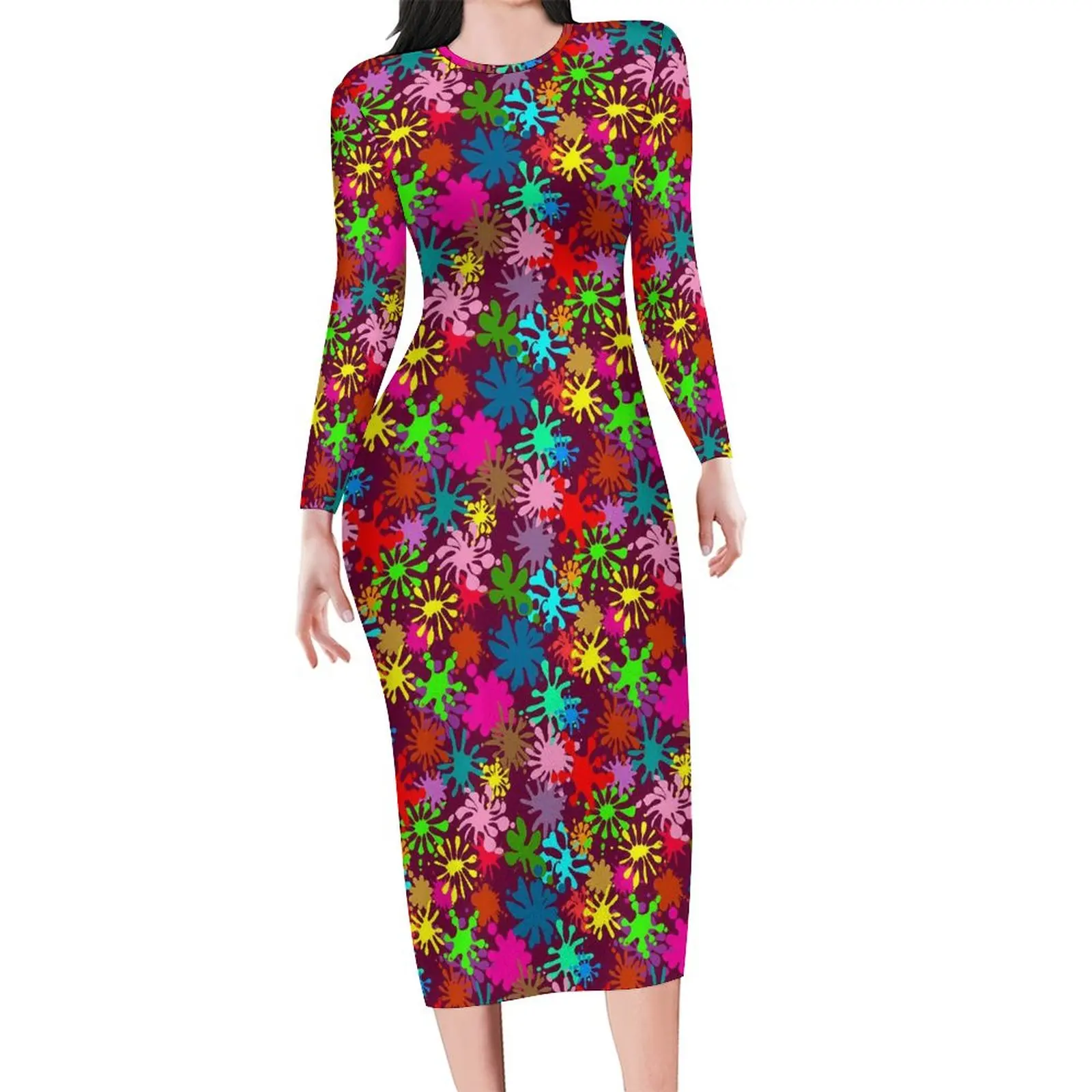 Cute Paint Splatter Bodycon Dress Womens Colorful Print Elegant Dresses Spring Long Sleeve Street Wear Printed Dress 3XL 4XL 5XL