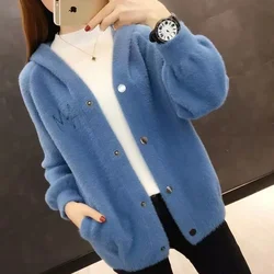 Women's Autumn and Winter New Fashion Elegant V-neck Plaid Button Casual Versatile Long Sleeve Loose Short Knitted Cardigan Coat