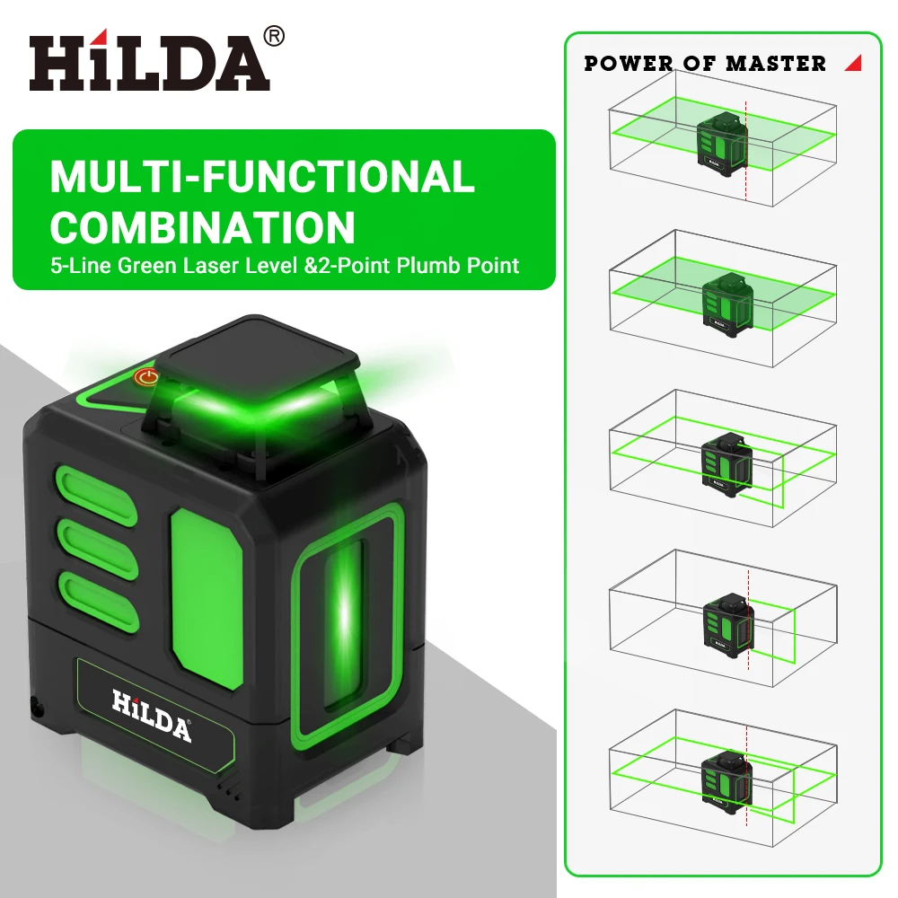 HILDA Laser Level Green 5 Lines Level Ip55 15M Self-Leveling Horizontal & Vertical Cross Super Powerful Measuring Tools ﻿