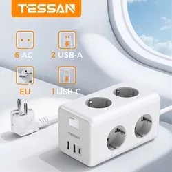 TESSAN European Desktop Socket Power Strip with Switch 6 Outlets 3 USB Ports 3600W EU Multi Power Strip with 2m Cable for Home