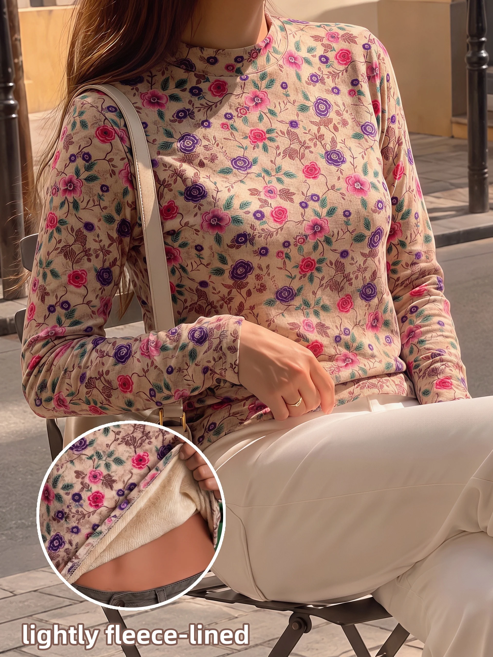 1PC Women's Turtleneck Vintage Pastoral Floral Print Long Sleeve Base Shirt, Lightly Fleece Lined Slim Fit Stretchy Pullover