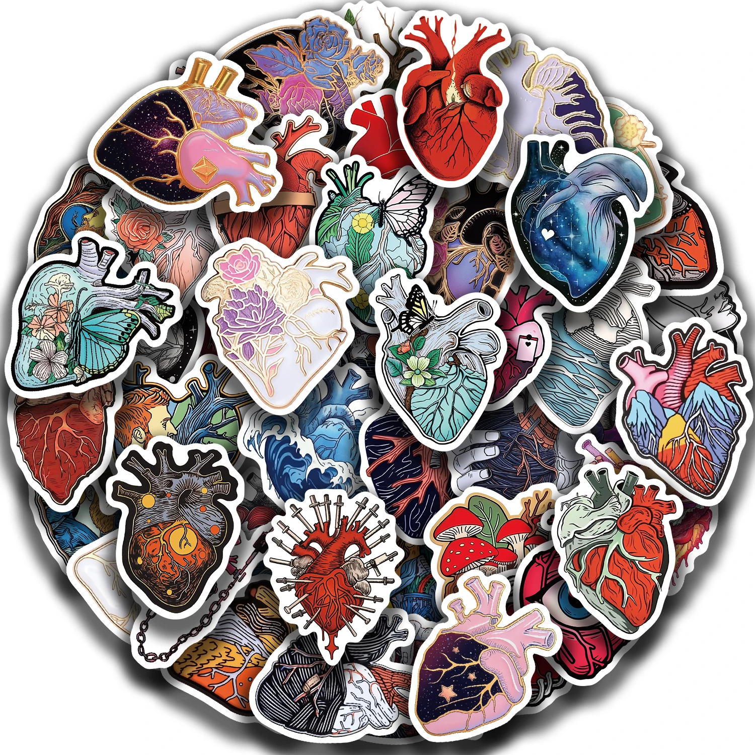 52pcs Creative Cartoon Heart Organ Stickers Waterproof Sticker For Guitar DIY TOY Bicycle Skateboard Laptop Luggage Decor