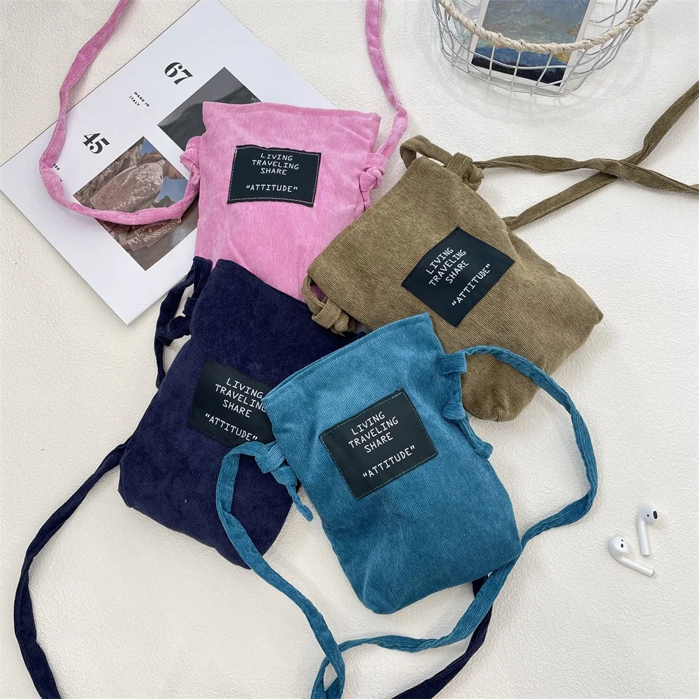 

Vintage Corduroy Mobile Phone Bag Solid Color Large Capacity Shoulder Bag Messenger Bag for Women Girls