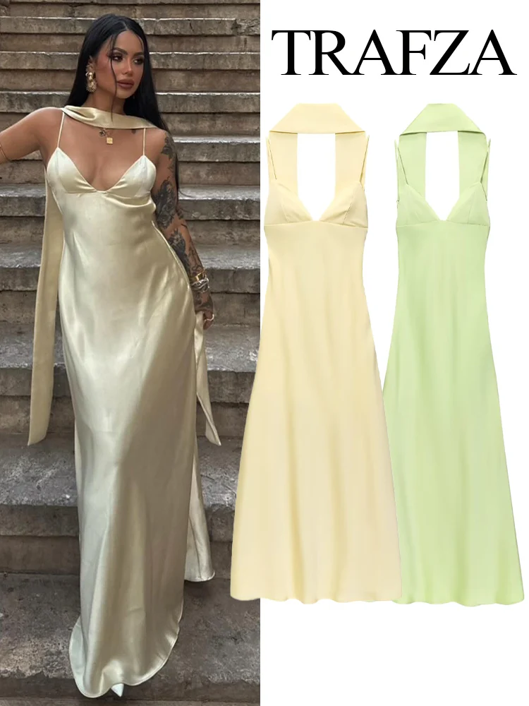 

TRAFZA Woman Summer New Beach Vocation Solid V-Neck Sexy Thin Scarf Decoration Dress Female Temperament 5-Color Sleeveless Dress