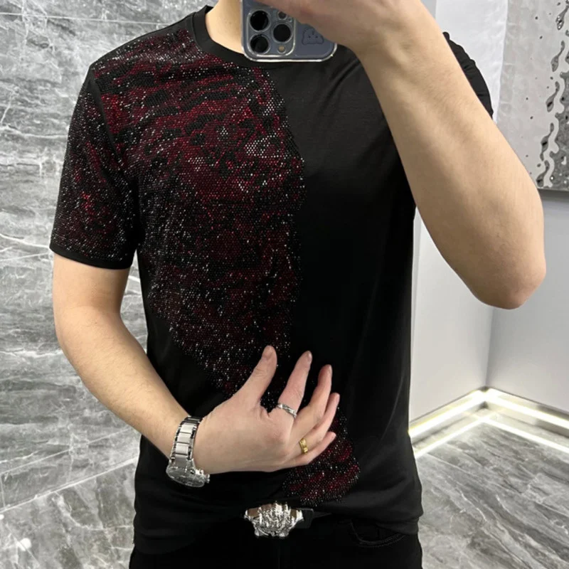 2023 Summer Top O-neck Short Sleeve T-shirt Men High Quality Animal Rhinestones Tshirt Men Social Club Outfits Tee Shirt Homme