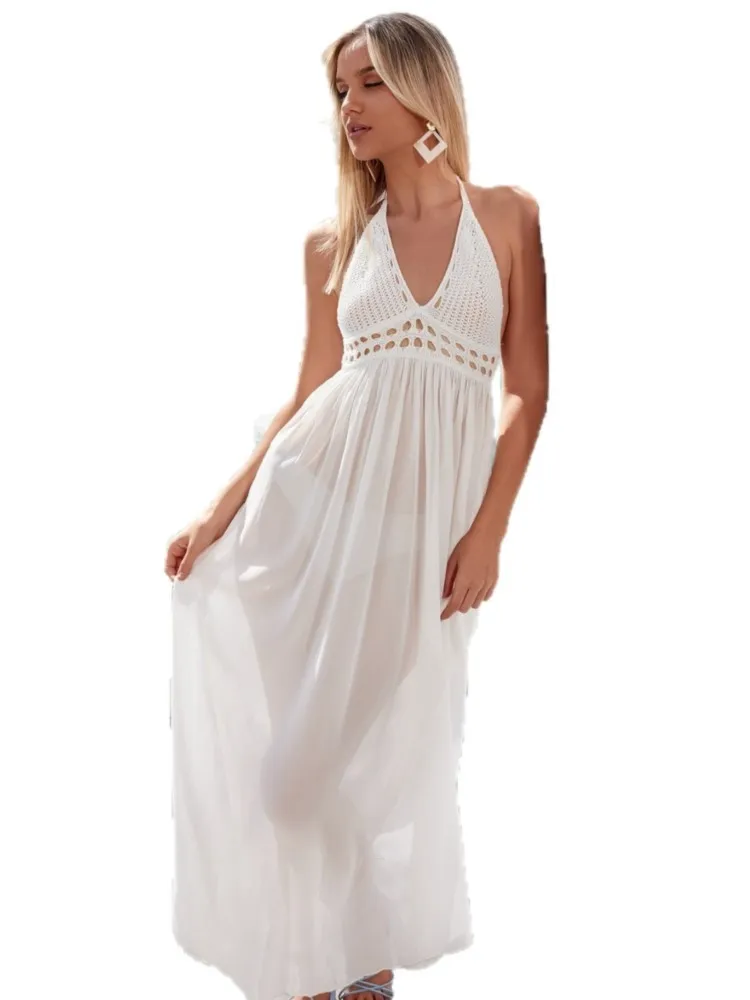 ชุดคลุมฤดูร้อนสำหรับผู้หญิง ชุดว่ายน้ำแบบสายเดี่ยว ชุดคลุมอาบน้ำ ชุดว่ายน้ำ 2026 ใหม่ สีพื้น ชุดเดรสยาวสำหรับวันหยุดพักผ่อนที่ชายหาด