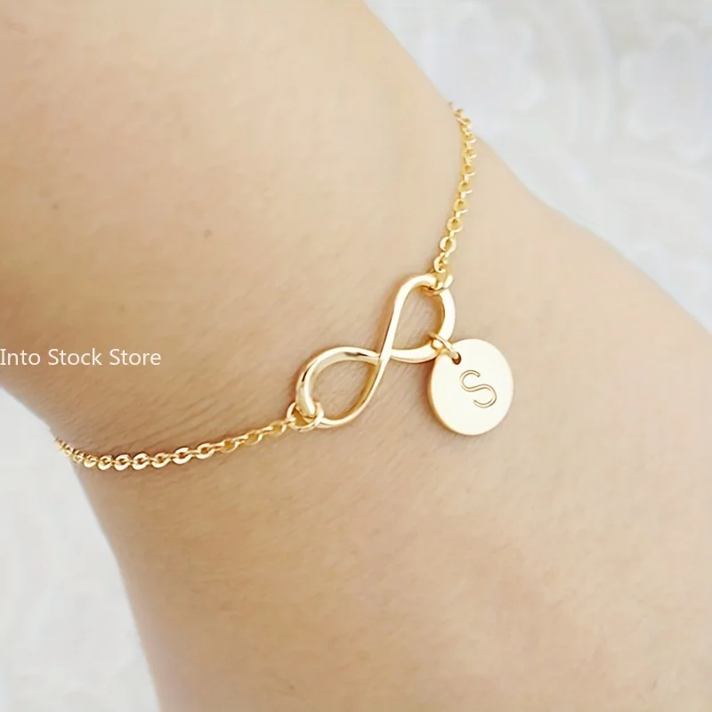 Fashion Carving Letters on Round Pendant Bracelets Women Men Transverse 8 Infinity Lucky ∞ Symbol Gold Color Bracelet Jewelry