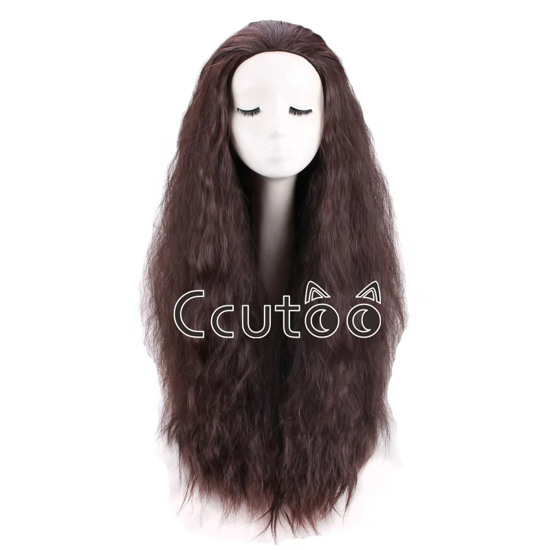 Ccutoo peruca de cabelo sintético moana cosplay perucas princesa cosplay longo encaracolado peruca marrom halloween resistente ao calor perucas femininas + peruca boné