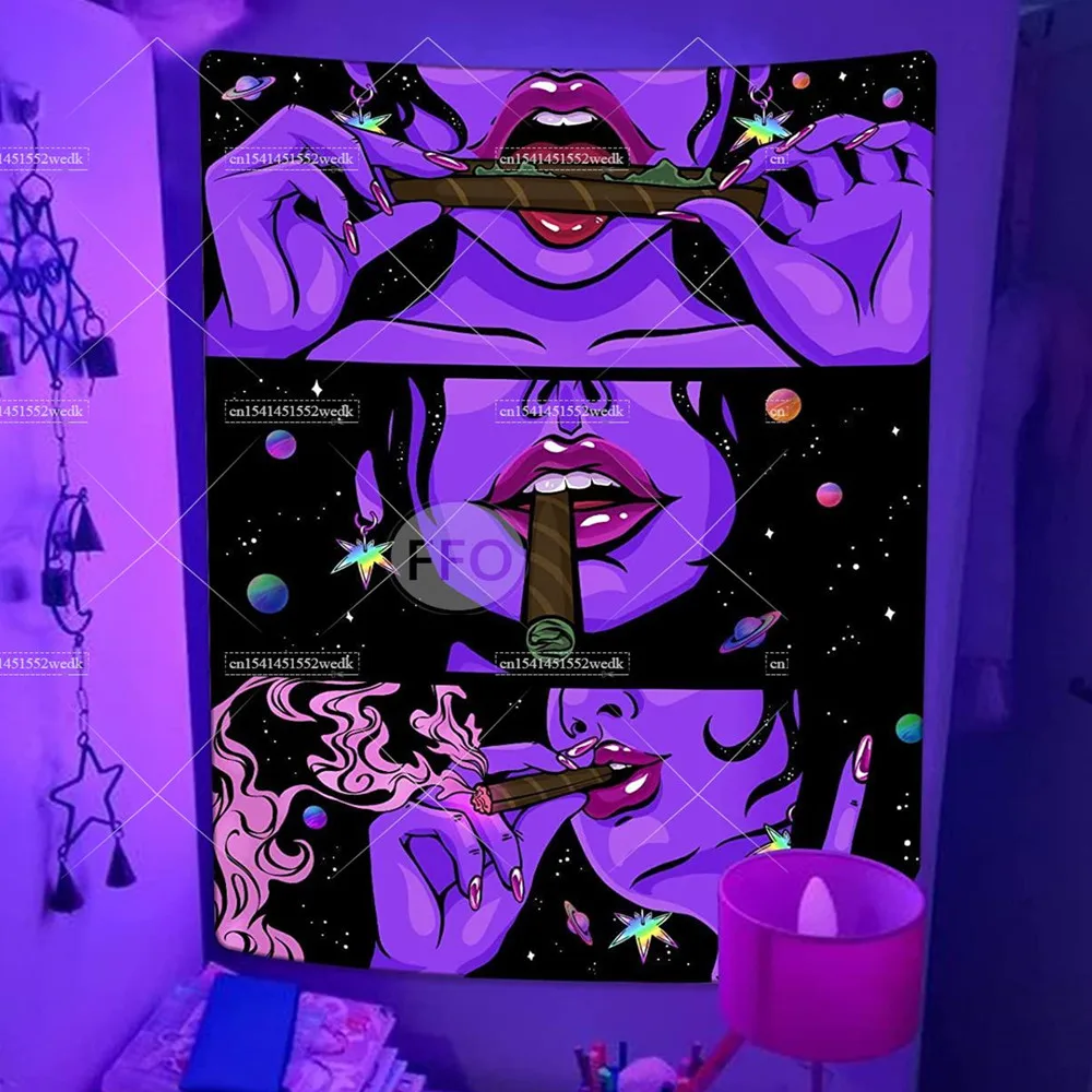 Trippy Girl Blacklight Tapestry UV Reactive Wall Hanging Living Room Decor Decoration Smoking Tapestries Aesthetic Sofa Blankets