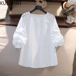 KUSAHIKI Women's Summer Pleated Puff Sleeve White Shirt Korean Style 2024 Summer New Round Neck Pullover Tops Mujer