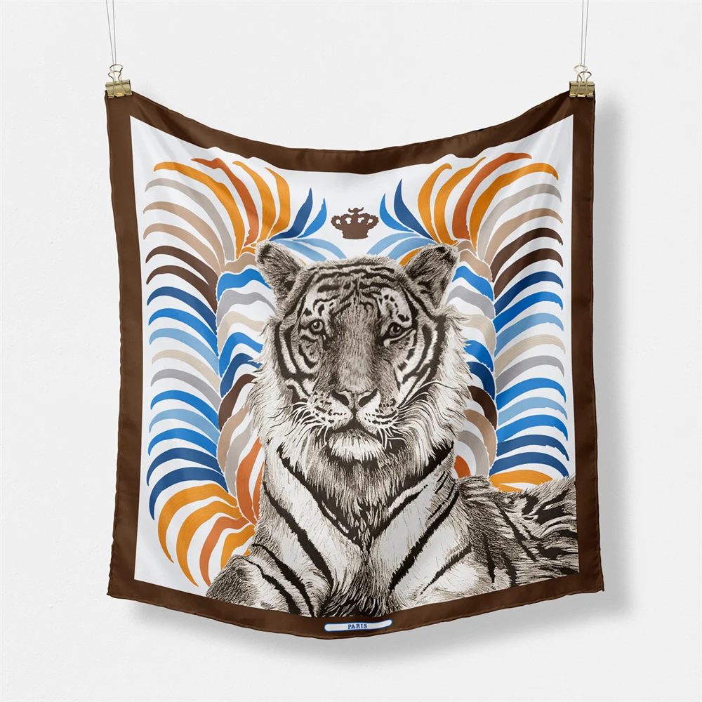 Twill-Seidenschal für Damen, indischer Tiger-Druck, quadratische Schals, Wickel, Bandana, kleine Hijabs, Seidenfoulards, Krawatte, Stirnband, Halstuch, 53 cm – Detail 11