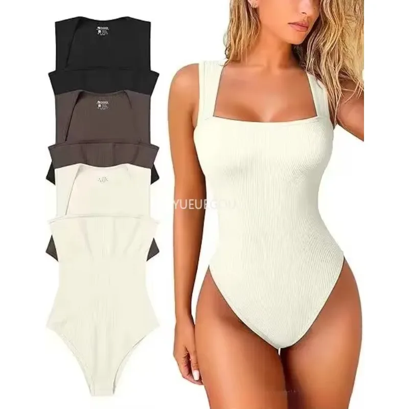 3 Pack Ribbed Bodysuits for Women - Tummy Control Sleeveless Tops, Square Neck Strappy Tank Bodysuit Set, High Waist Shaper