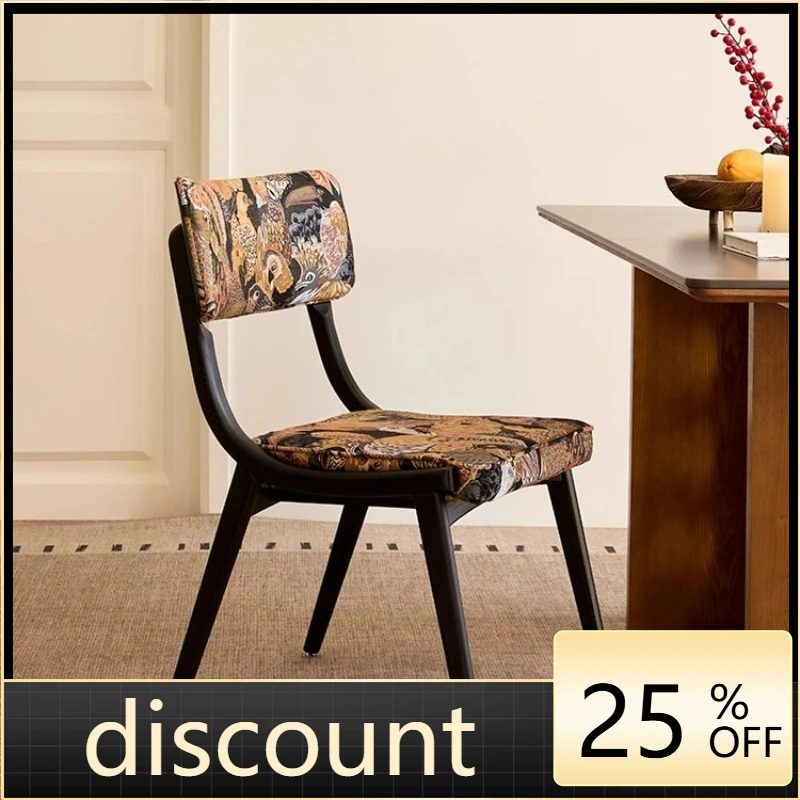 

LTT antique solid wood dining chair household retro jacquard back chair fabric makeup chair