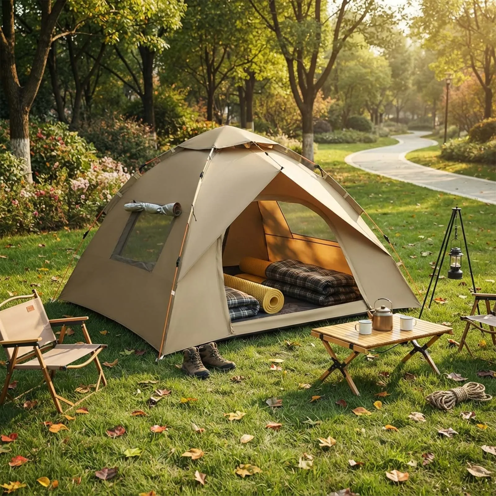 Sand Gold Pop Up Camping Tent Automatic Instant 2 Person Dome Tent 2 Doors 2 Windows for Backyard Holiday Park Outdoor