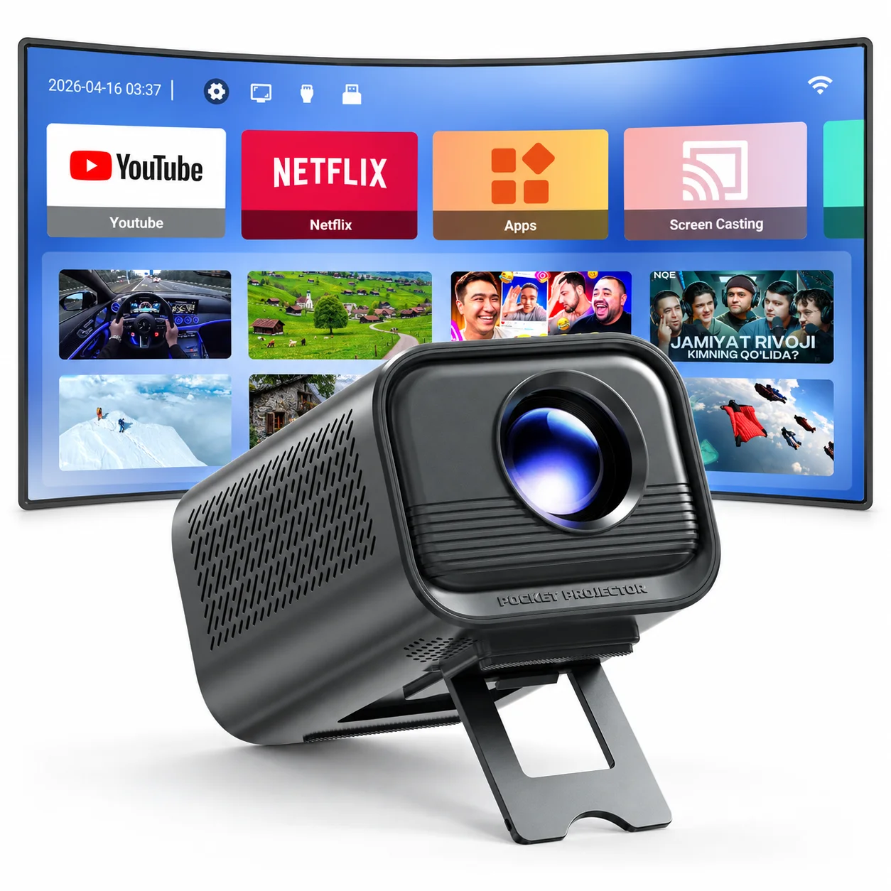HONGTOP P80 Intelligent Mini Projector Android 14 WiFi 6 4K Electronic Focus Intelligent Home Theater Outdoor Portable Projector
