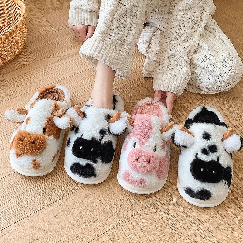

Casual Fluffy Slippers Women House Cute Cartoon Cow Designer Shoes Girl Flat Fashion Elegant Plush Winter Platform Footwear Home