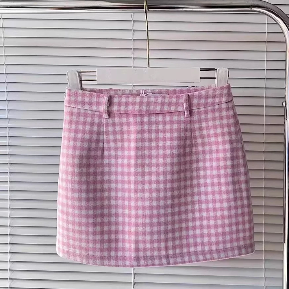 Women's Pink Plaid Mini Skirt Cute Gingham Pattern A-Line Skirt | High-Waist Slim Fit Trendy Preppy Style Skirt for Young Ladies