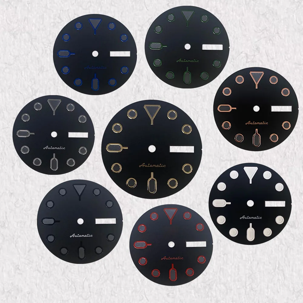 

High Quality 28.5mm S5 Logo SKX007 Dial Fit NH36/4R36 Movement Green Luminous Black Matte Dual Calendar Dial Watch Modification