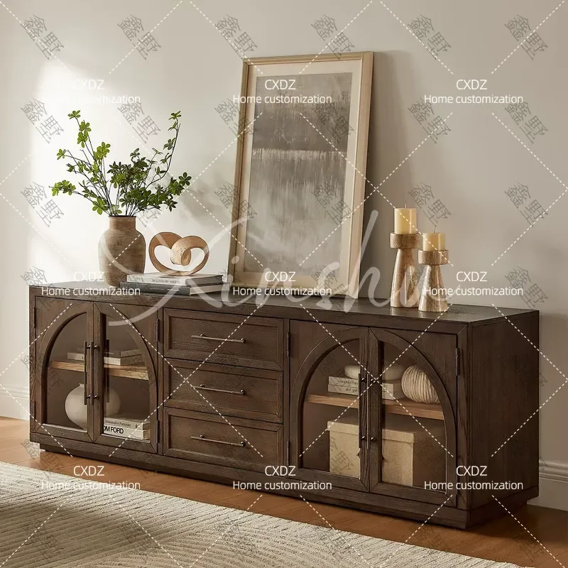 Retro TV Cabinet Living Room Storage Integrated Solid Wood Multi Functional Entrance Chest